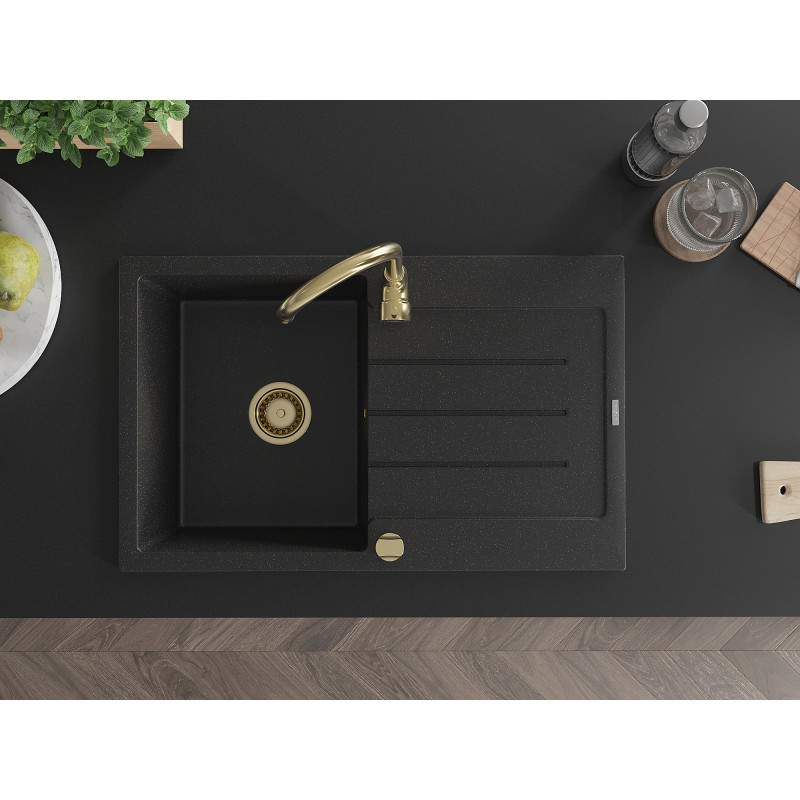 Mexen Bruno évier en granit à 1 bac avec égouttoir 795 x 495 mm, noir/argent métallique, siphon doré - 6513791010-73-G