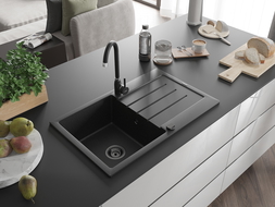 Mexen Bruno évier en granite à 1 bac avec égouttoir 795 x 495 mm, noir/métallisé argent, siphon noir - 6513791010-73-B