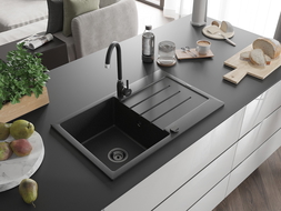 Mexen Bruno Granitspüle 1-Becken mit Abtropffläche 795 x 495 mm, schwarz/silber Metallic, schwarzer Siphon - 6513791010-73-B