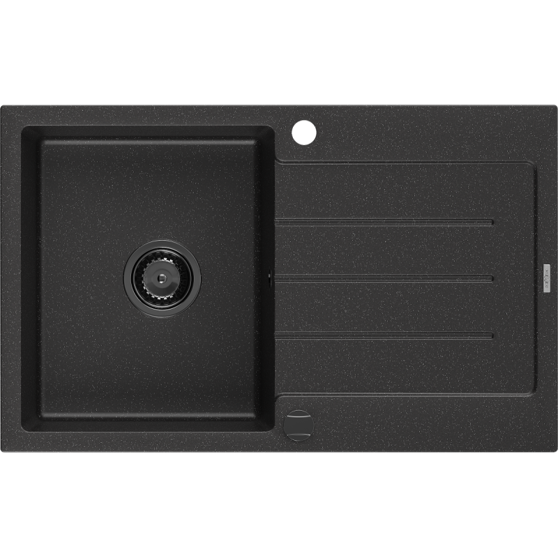 Mexen Bruno fregadero de granito de 1 compartimento con escurridor 795 x 495 mm, negro/plateado metálico, sifón negro