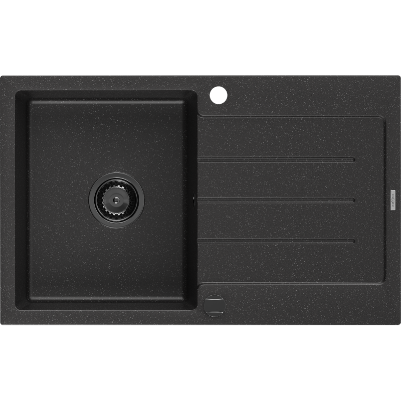 Mexen Bruno lava-loiça em granito de 1 cuba com escorredor 795 x 495 mm, preto/prateado metálico, sifão preto