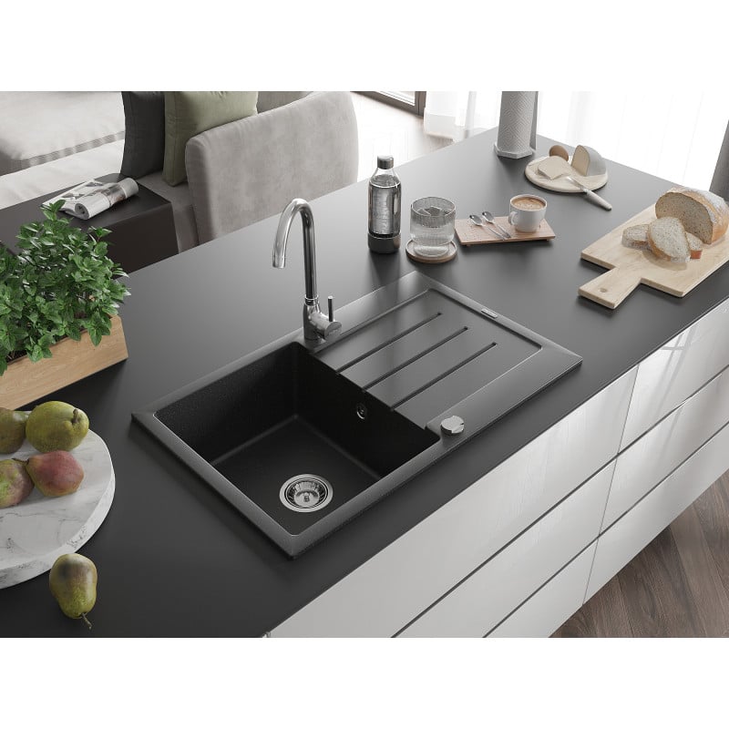 Mexen Bruno fregadero de granito de 1 cubeta con escurridor 795 x 495 mm, metálico negro/plateado, sifón cromado