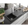 Mexen Bruno granite sink 1-bowl with drainer 795 x 495 mm, black/silver metallic, chrome siphon- 6513791010-73