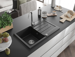 Mexen Bruno granieten wastafel 1-kompartement met afdruiprek 795 x 495 mm, zwart/zilver metallic, sifon chroom - 6513791010-73