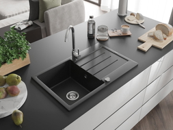 Mexen Bruno Granite kitchen sink 1-bowl with drainer 795 x 495 mm, black/silver metallic, chrome siphon - 6513791010-73