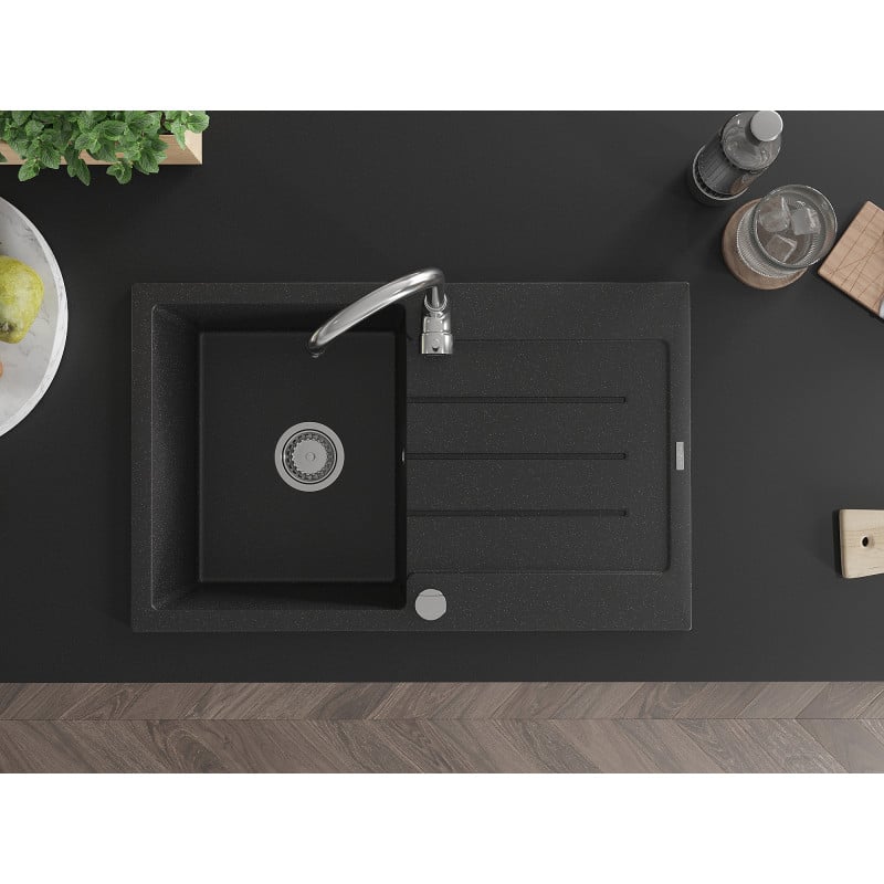 Mexen Bruno fregadero de granito de 1 cubeta con escurridor 795 x 495 mm, metálico negro/plateado, sifón cromado