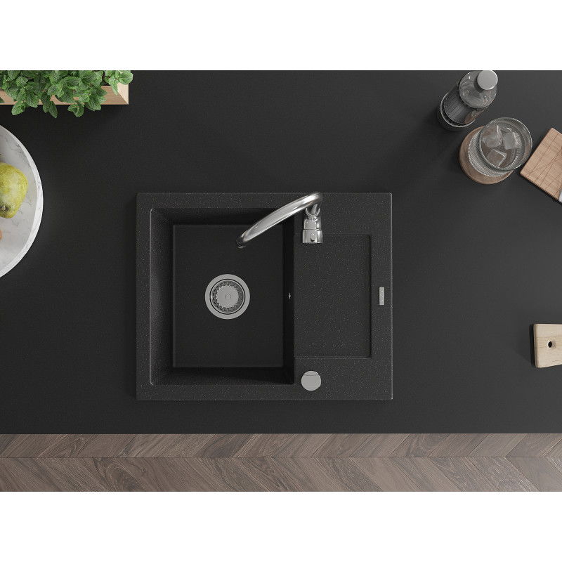 Mexen Enzo lava-loiça de granito de 1 cuba com escorredor 576 x 465 mm, preto/metalizado prateado, sifão cromado