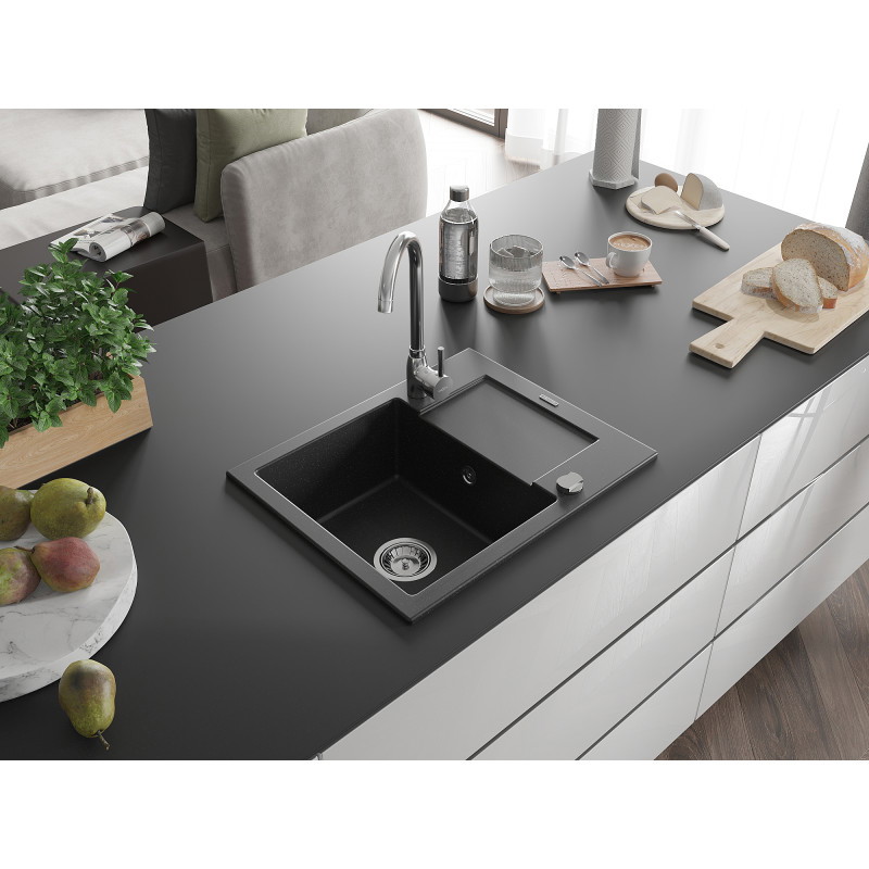 Mexen Enzo granieten spoelbak 1-compartiment met afdruiprek 576 x 465 mm, zwart/zilver metallic, chroom sifon - 6506571005-73