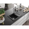 Mexen Enzo granite sink single-bowl with drainer 576 x 465 mm, black/silver metallic, chrome siphon - 6506571005-73