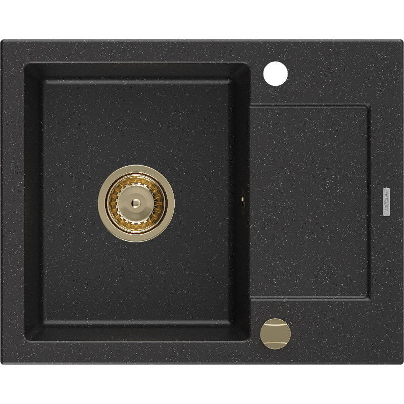Mexen Enzo granit gootsteen met 1 bak en afdruiprek 576 x 465 mm, zwart/zilveren metallic, gouden sifon - 6506571005-73-G