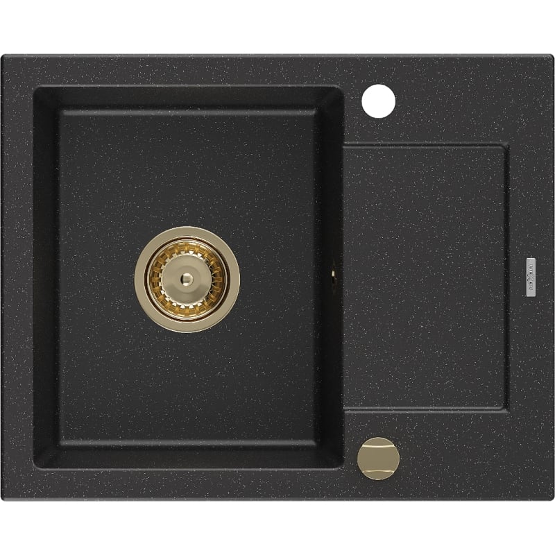 Mexen Enzo granitische spoelbak met 1 kuip en druiprek 576 x 465 mm, zwart/zilveren metallic, gouden sifon - 6506571005-73-G
