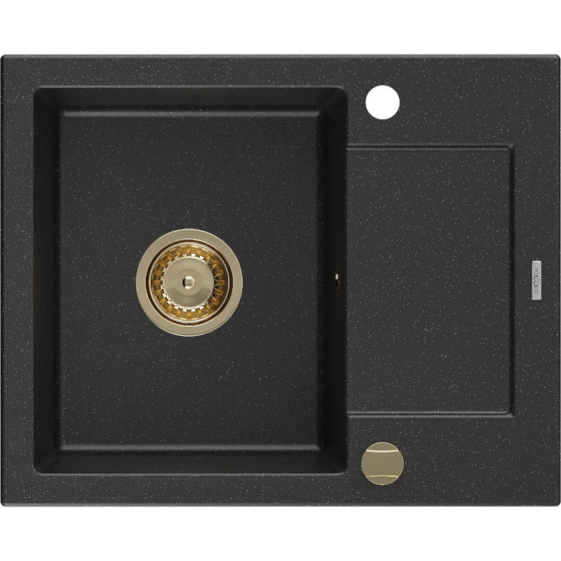 Mexen Enzo lavello in granito ad una vasca con scolapiatti 576 x 465 mm, nero/argento metallico, sifone dorato - 6506571005-73-G