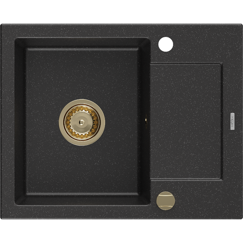 Mexen Enzo zlewozmywak granitowy 1-komorowy z ociekaczem 576 x 465 mm, czarny/srebrny metalik, syfon złoty - 6506571005-73-G