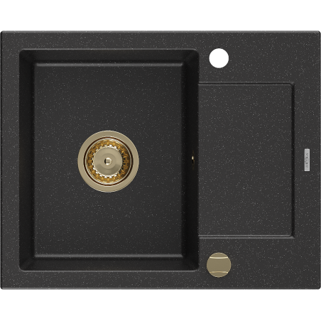 Mexen Enzo évier en granit à 1 bac avec égouttoir 576 x 465 mm, noir/métallique argent, siphon doré - 6506571005-73-G