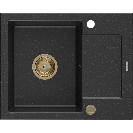 Mexen Enzo granitische spoelbak met 1 kuip en druiprek 576 x 465 mm, zwart/zilveren metallic, gouden sifon - 6506571005-73-G