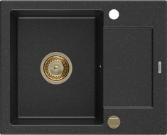 Mexen Enzo Granitspüle 1-Becken mit Abtropffläche 576 x 465 mm, schwarz/silber metallic, goldener Siphon - 6506571005-73-G