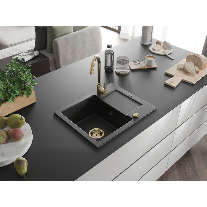Mexen Enzo évier en granit 1 bac avec égouttoir 576 x 465 mm, noir/argent métallisé, siphon doré - 6506571005-73-G