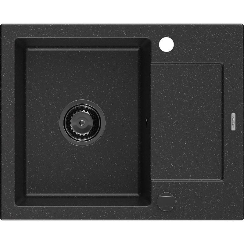Mexen Enzo évier en granit à 1 bac avec égouttoir 576 x 465 mm, noir/argenté métallisé, siphon noir - 6506571005-73-B
