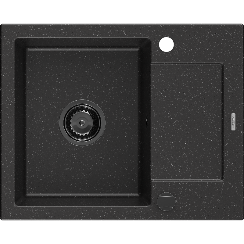 Mexen Enzo fregadero de granito de 1 seno con escurridor 576 x 465 mm, negro/plateado metálico, sifón negro - 6506571005-73-B