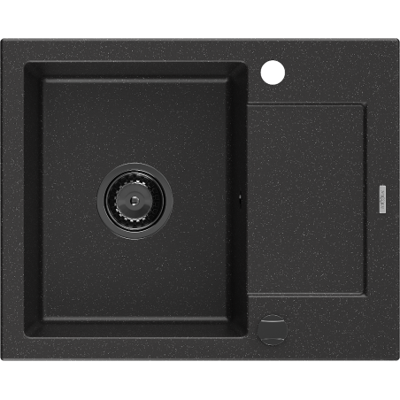 Mexen Enzo Granitspüle 1-becken mit Abtropffläche 576 x 465 mm, schwarz/silber metallisch, schwarzer Siphon - 6506571005-73-B