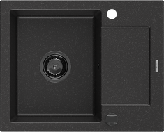 Mexen Enzo lavello in granito a 1 vasca con sgocciolatoio 576 x 465 mm, nero/argento metallizzato, sifone nero - 6506571005-73-B