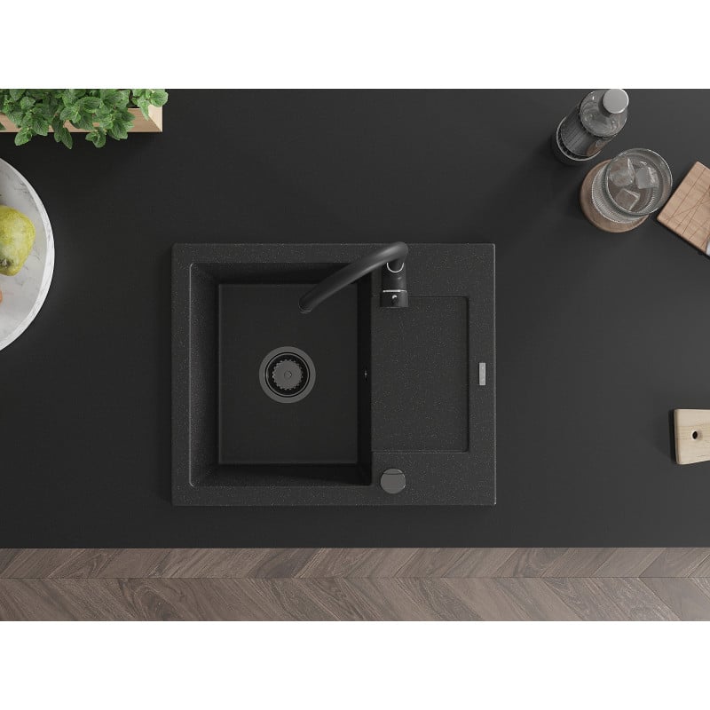 Mexen Enzo lava-loiça de granito com 1 cuba e escorredor 576 x 465 mm, preto/metalizado prateado, sifão preto