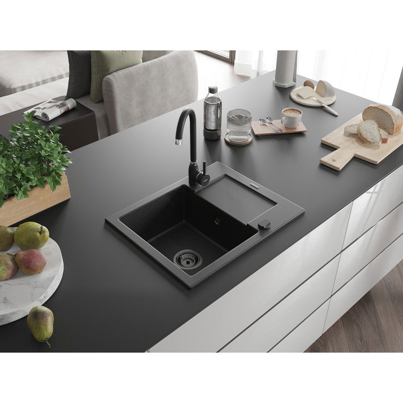 Mexen Enzo 1-bowl granite sink with drainer 576 x 465 mm, black/silver metallic, black siphon - 6506571005-73-B