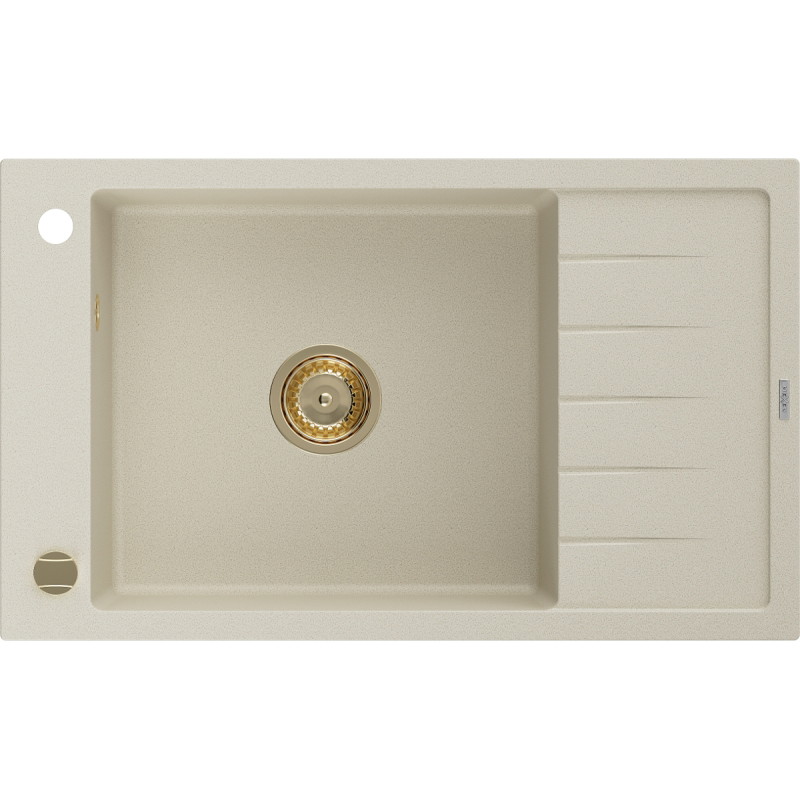 Mexen Elias granieten spoelbak met 1 kom en afdruiprek 795 x 480 mm, beige, gouden sifon - 6511791005-69-G