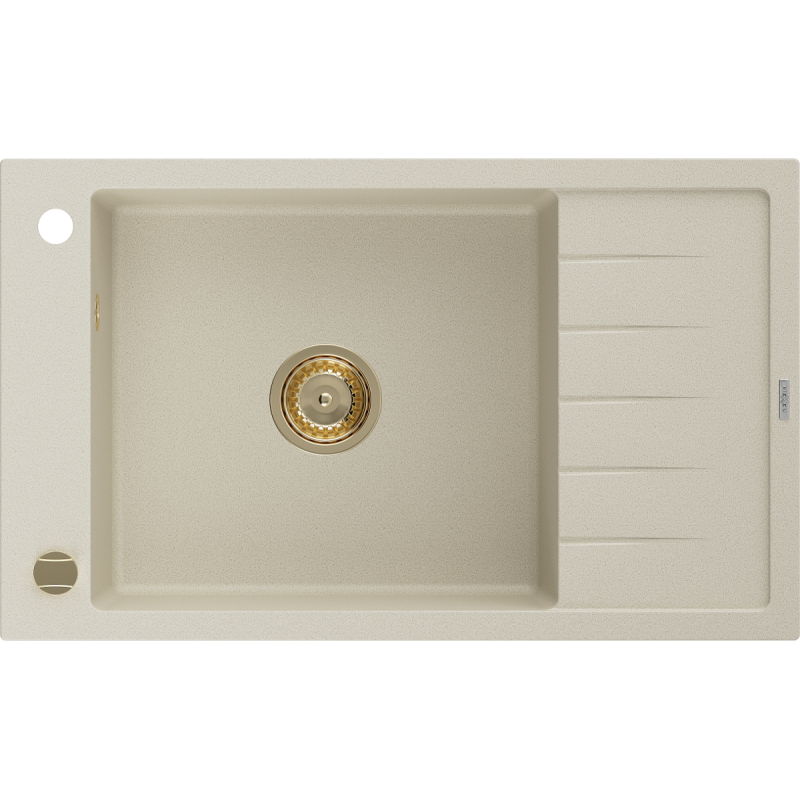 Mexen Elias granitische spoelbak met 1 bak en afdruiprek 795 x 480 mm, beige, gouden sifon - 6511791005-69-G