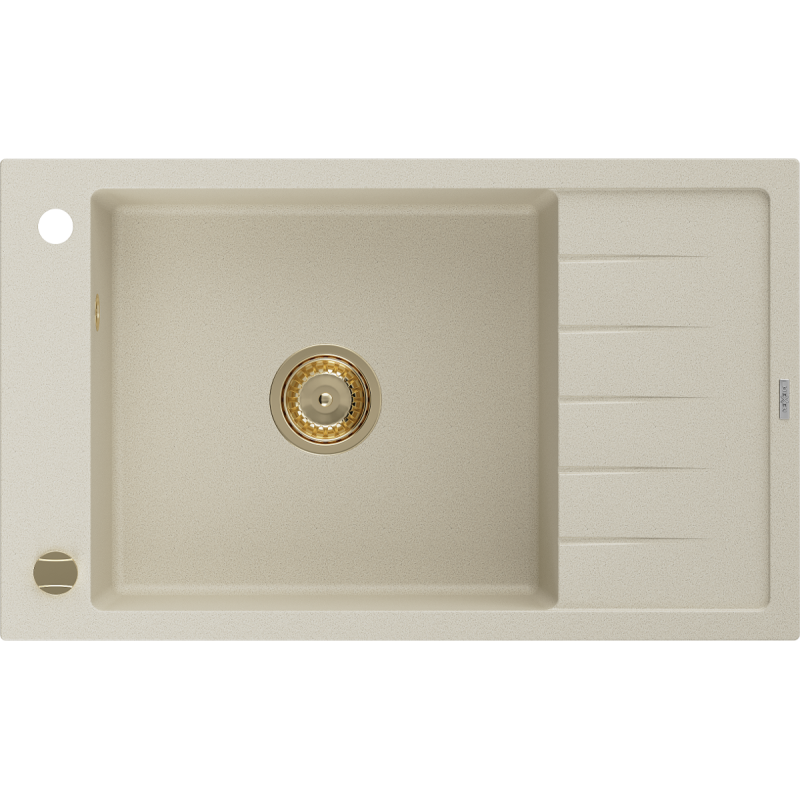 Mexen Elias Granitspüle mit Abtropffläche, 1 Becken, 795 x 480 mm, beige, goldener Siphon - 6511791005-69-G