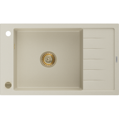 Mexen Elias Granitspüle mit Abtropffläche, 1 Becken, 795 x 480 mm, beige, goldener Siphon - 6511791005-69-G