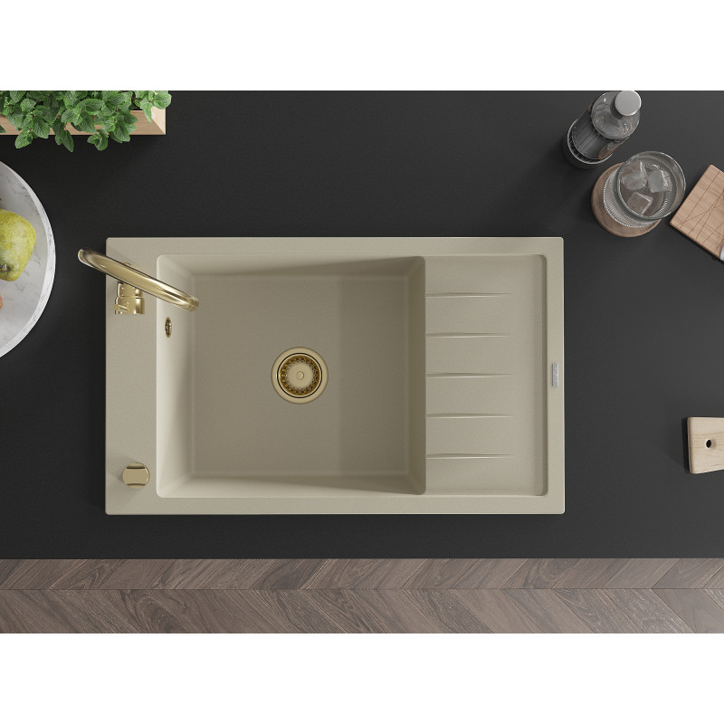Mexen Elias Granitspüle 1-beckig mit Abtropffläche 795 x 480 mm, beige, goldener Siphon - 6511791005-69-G