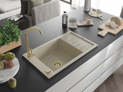 Mexen Elias Granitspüle mit Abtropffläche, 1 Becken, 795 x 480 mm, beige, goldener Siphon - 6511791005-69-G