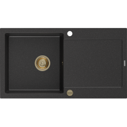 Mexen Leo zlewozmywak granitowy 1-komorowy z ociekaczem 900 x 500 mm, czarny/srebrny metalik, syfon złoty - 6501901010-73-G