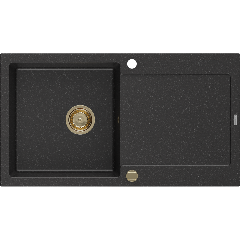 Mexen Leo fregadero de granito de 1 cuba con escurridor 900 x 500 mm, negro/plateado metalizado, sifón dorado - 6501901010-73-G