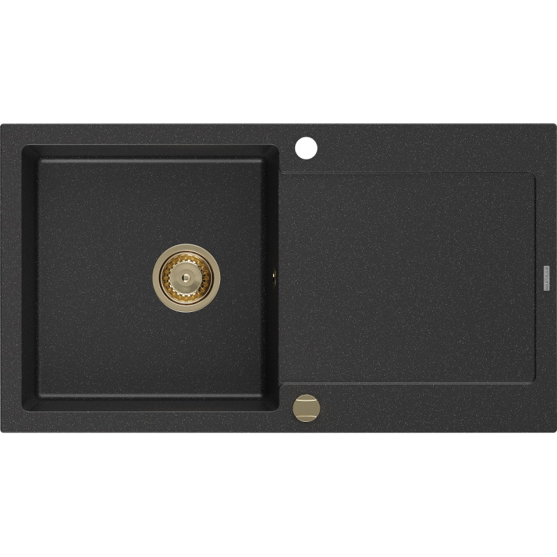 Mexen Leo granit gootsteen 1-komorige met afdruiprek 900 x 500 mm, zwart/zilverkleurig metallic, gouden sifon - 6501901010-73-G