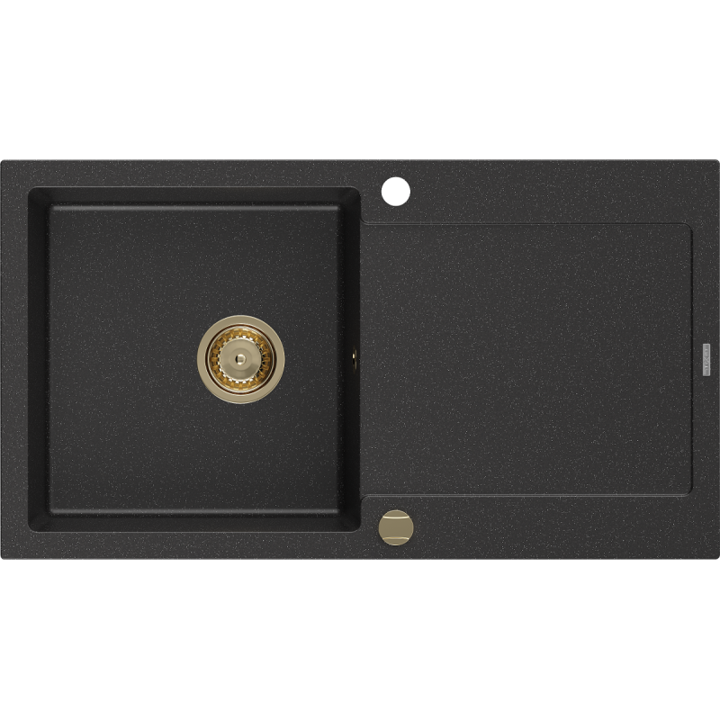 Mexen Leo lava-louça de granito de uma cuba com escorredor 900 x 500 mm, preto/metalizado prata, sifão dourado
