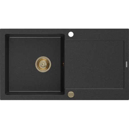 Mexen Leo fregadero de granito de 1 cuba con escurridor 900 x 500 mm, negro/plateado metalizado, sifón dorado - 6501901010-73-G