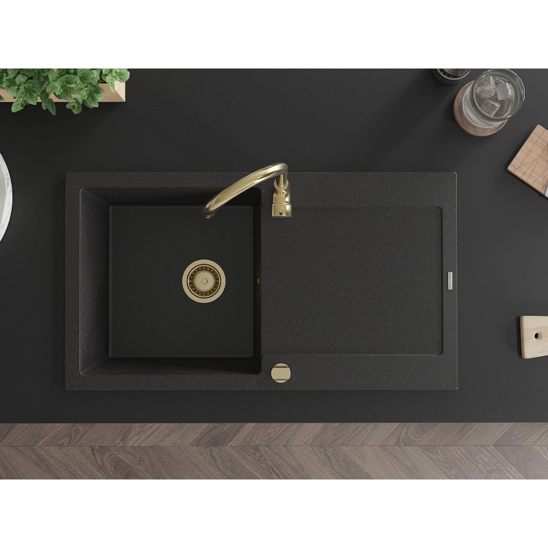 Mexen Leo fregadero de granito de 1 seno con escurridor 900 x 500 mm, negro/plateado metálico, sifón dorado - 6501901010-73-G