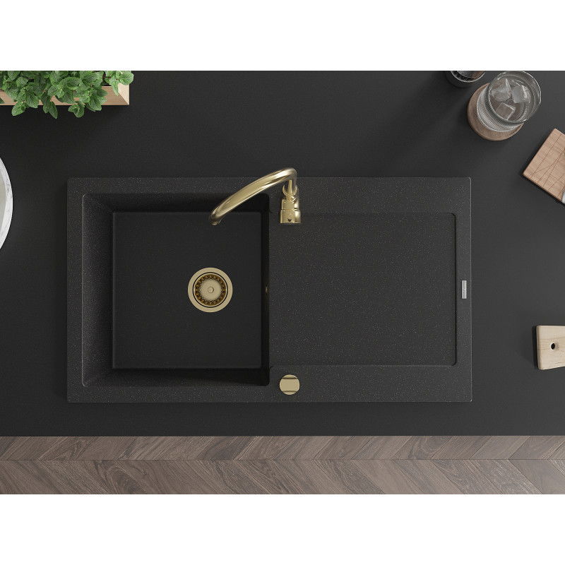 Mexen Leo granieten gootsteen 1-kommer met afdruiprek 900 x 500 mm, zwart/zilver metallic, gouden sifon - 6501901010-73-G