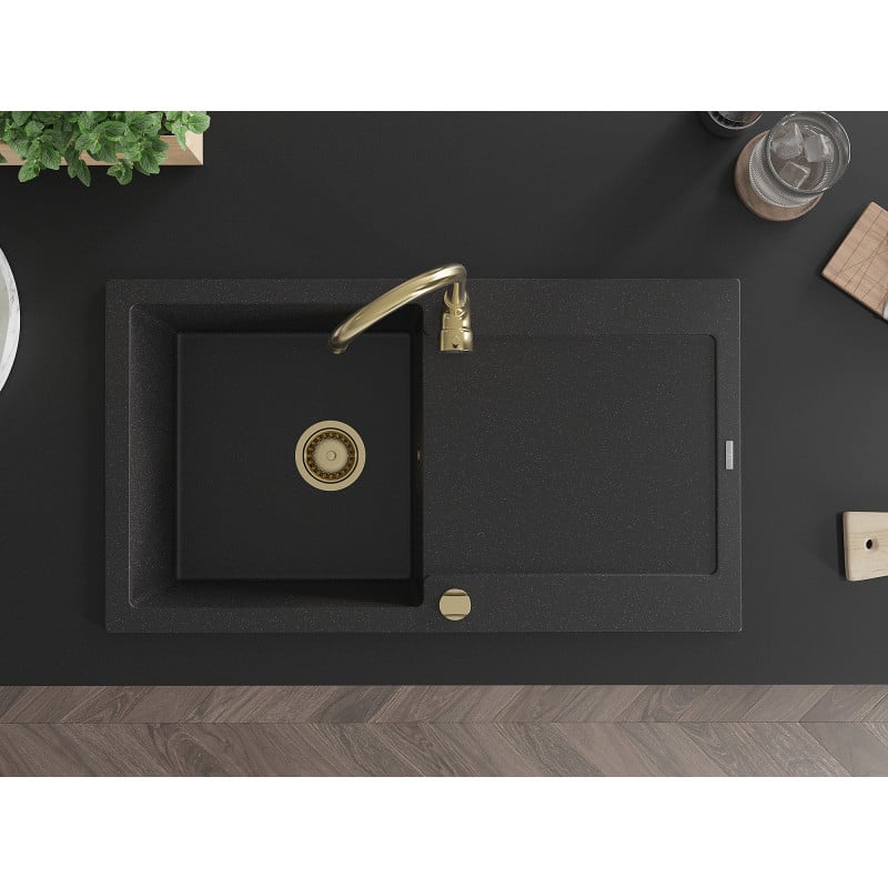 Mexen Leo lava-louça de granito de uma cuba com escorredor 900 x 500 mm, preto/metalizado prata, sifão dourado