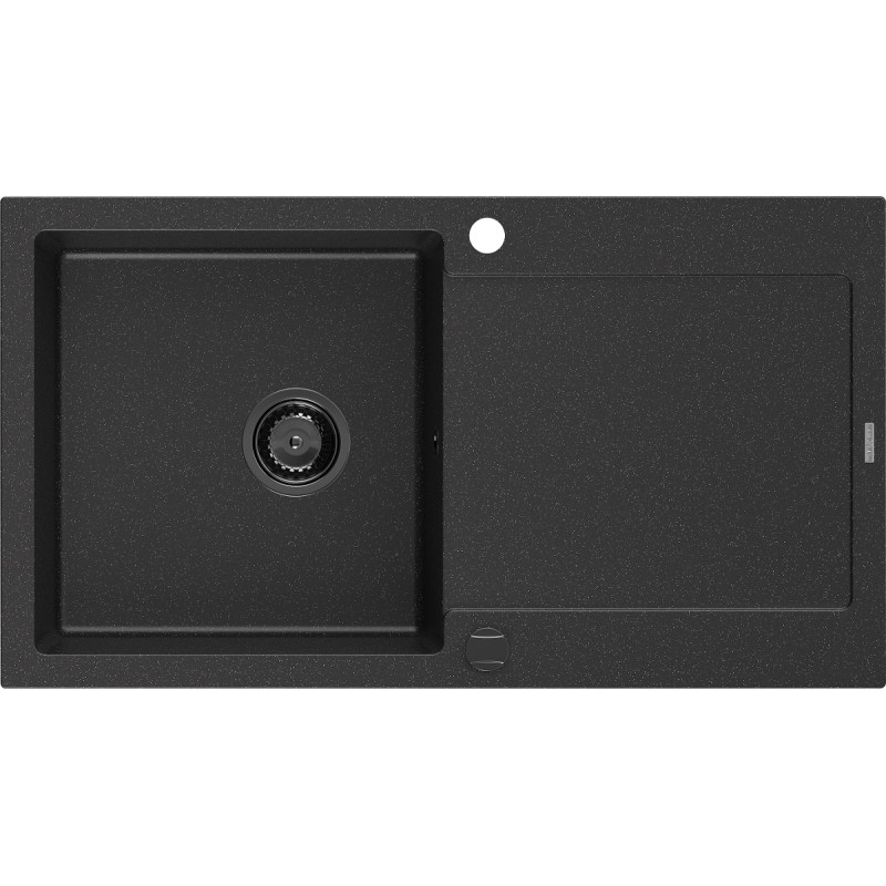 Mexen Leo fregadero de granito de 1 cubeta con escurridor 900 x 500 mm, negro/plata metálica, sifón negro - 6501901010-73-B