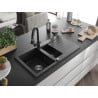 Mexen Matias granit izlietne 1,5 nodalījumu ar noteci 900 x 505 mm, melns/sudraba metālika, hromēts sifons - 6502901505-73