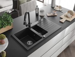 Mexen Matias évier en granit 1,5 bac avec égouttoir 900 x 505 mm, noir/métallique argent, siphon chromé - 6502901505-73