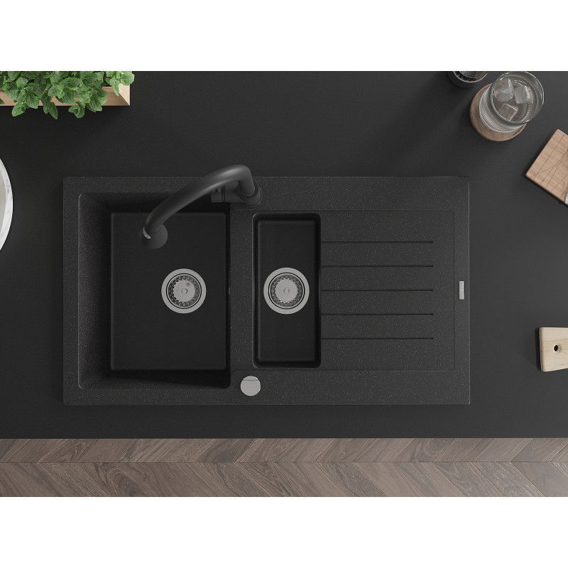 Mexen Matias Granitspüle 1,5-Kammer mit Abtropffläche 900 x 505 mm, schwarz/silber metallic, Siphon Chrom - 6502901505-73