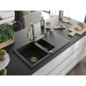 Mexen Matias granit aanrecht 1,5-komorig met afdruiprek 900 x 505 mm, zwart/zilver metallic, gouden sifon - 6502901505-73-G