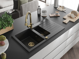Mexen Matias Granitspüle 1,5-Schale mit Abtropffläche 900 x 505 mm, schwarz/silber metallic, goldener Siphon - 6502901505-73-G