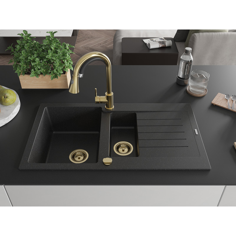 Mexen Matias Granitspüle 1,5-Becken mit Abtropffläche 900 x 505 mm, schwarz/silber metallic, goldener Siphon - 6502901505-73-G