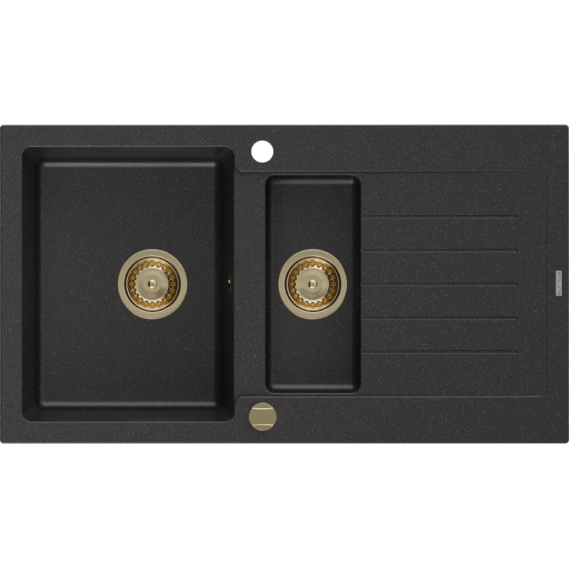 Mexen Matias fregadero de granito de 1,5 compartimentos con escurridor 900 x 505 mm, negro/plateado metálico, sifón dorado