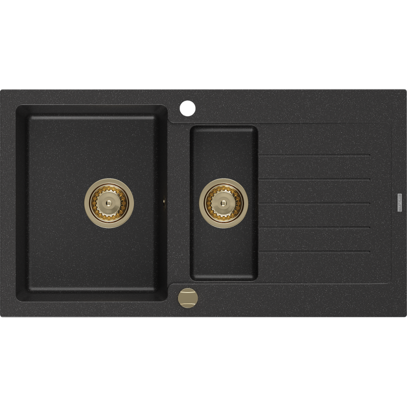 Mexen Matias granīta izlietne ar 1,5 nodalījumiem un noteces paneli 900 x 505 mm, melna/sudraba metālika, zeltīta sifona